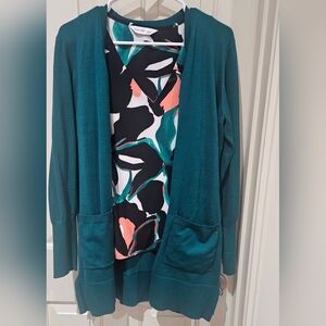 Nine West Teal Cardigan with Abstract Design Top
